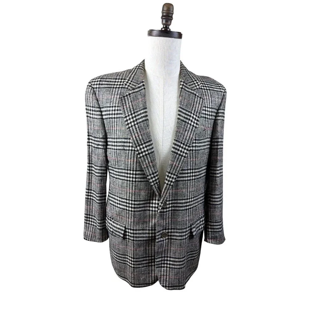 BOSS Hugo Boss Men's 42S Plaid Gray Plaid Wool Blazer Glen Check Sport Coat